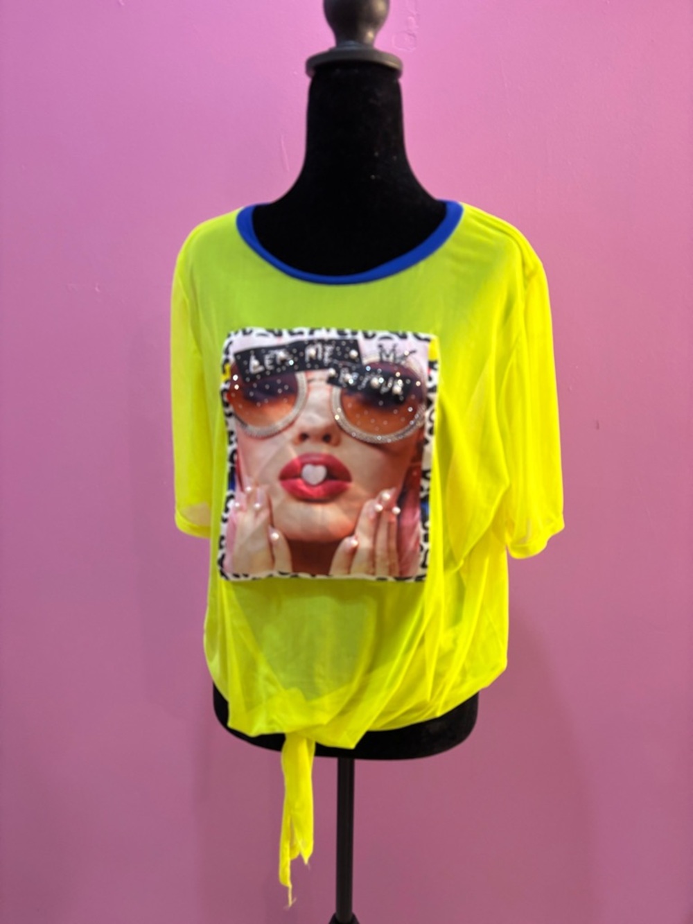 Neon Yellow Graphic Tie-Front Sheer Women's Top